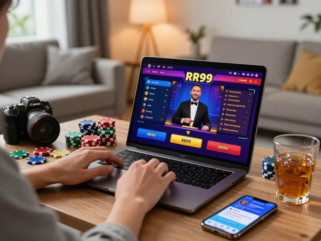 User interacting with the RR99 online gambling platform, surrounded by gaming elements and a lively atmosphere.