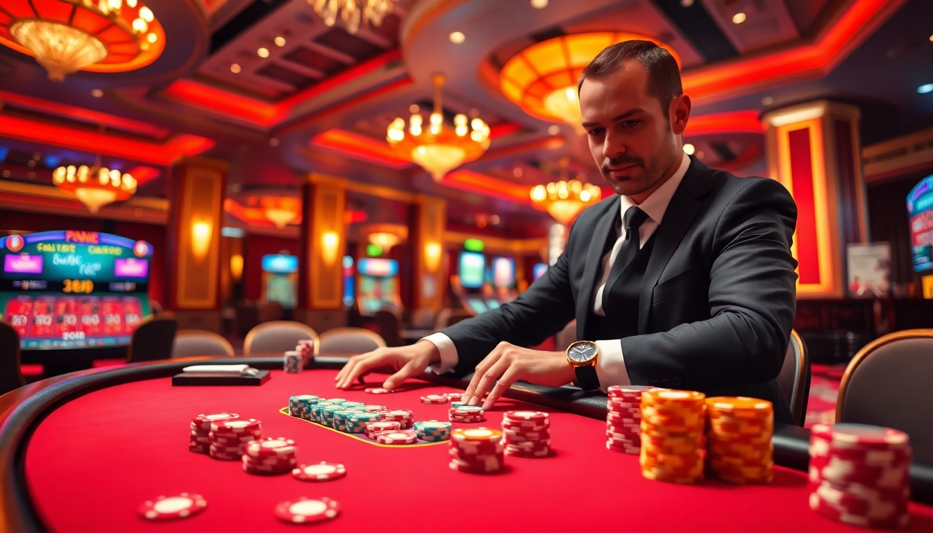 Menggandeng bbtn4d, dealer kasino bersiap di meja permainan dengan suasana penuh semangat dan cahaya cerah.