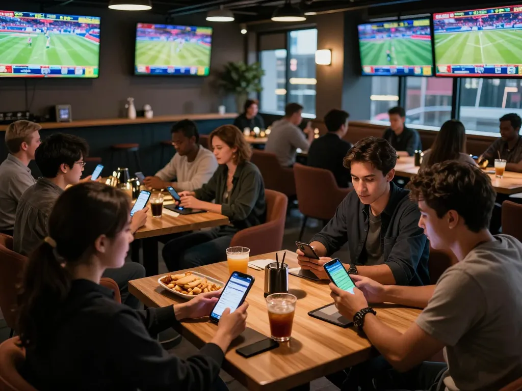 KADAL778 sports betting lounge with engaged players analyzing odds and placing bets on devices.