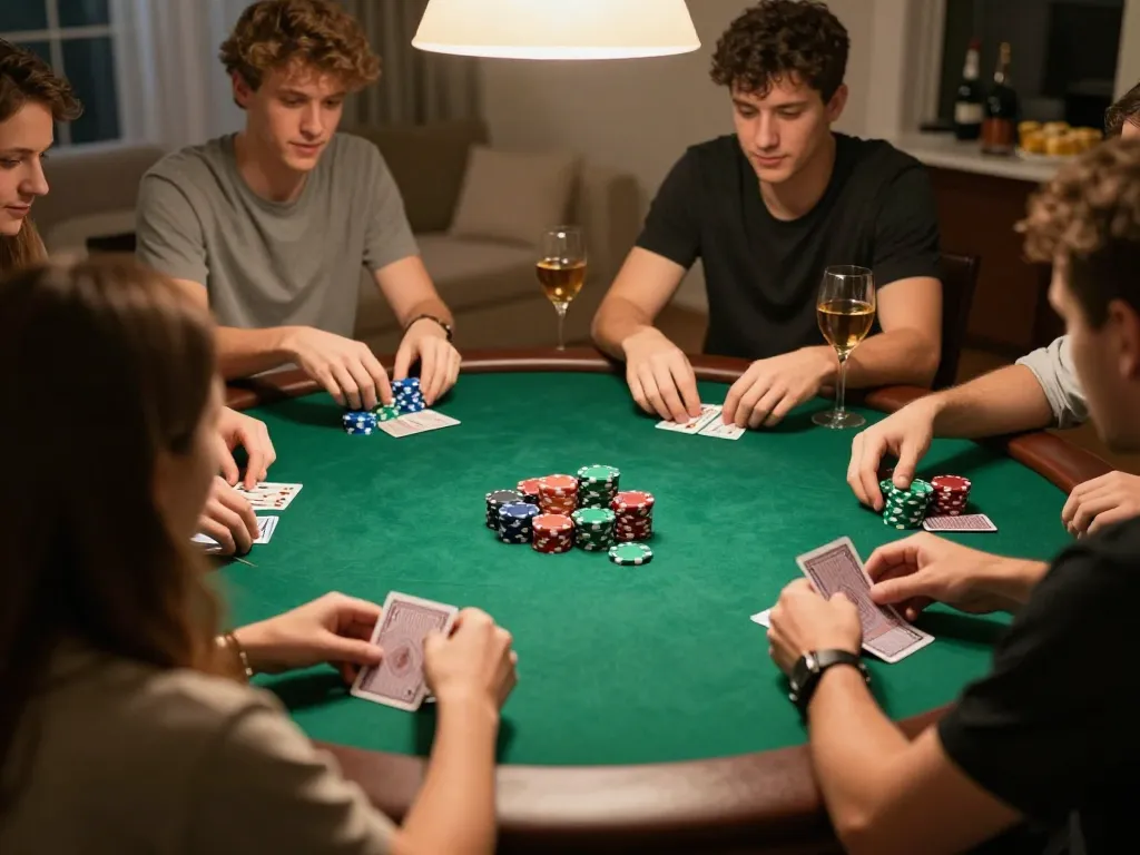 Pemain HOKI368 terlibat dalam strategi selama permainan poker rumahan yang ramah, menunjukkan kebersamaan dan risiko.