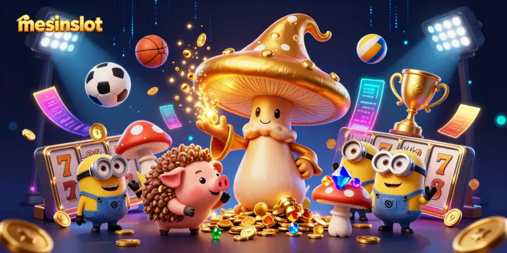 Experience the magical gameplay of mesinslot with enchanting visuals, golden treasures, and dynamic sports elements in an online casino.