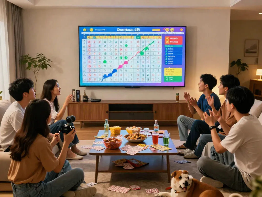 Teman-teman menikmati momen seru melihat Data Macau 4D di layar besar, suasana hangat dengan makanan dan minuman.