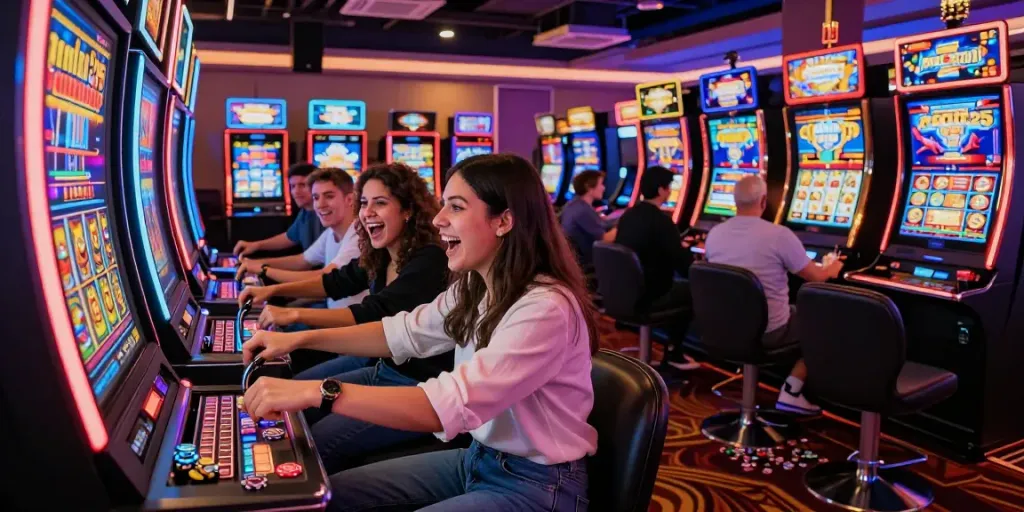 Menampilkan permainan pecah25 slot dengan kelompok teman yang bersemangat di kasino.