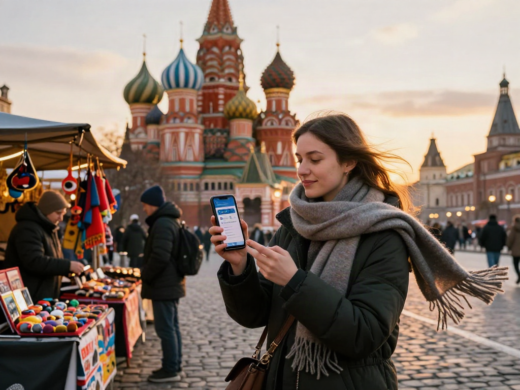 Seorang wisatawan menggunakan aplikasi https://payinrussia.com/ di Rusia, dikelilingi arsitektur ikonik dan suasana pasar yang ramai.