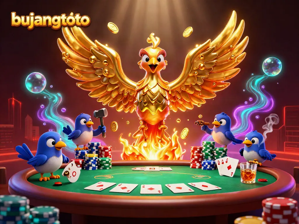 Experience the thrilling world of bujangtoto with a vibrant 3D golden phoenix emerging from molten metal in an exciting casino scene.