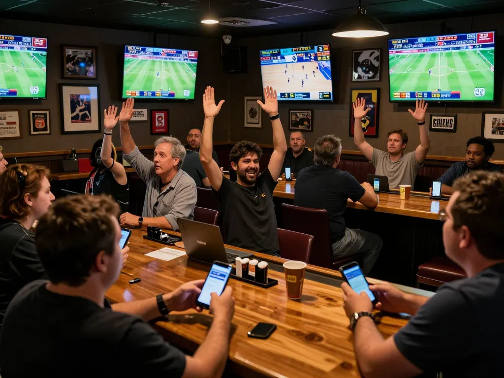 WWBOLA's dynamic sports betting scene with excited patrons engaging in games