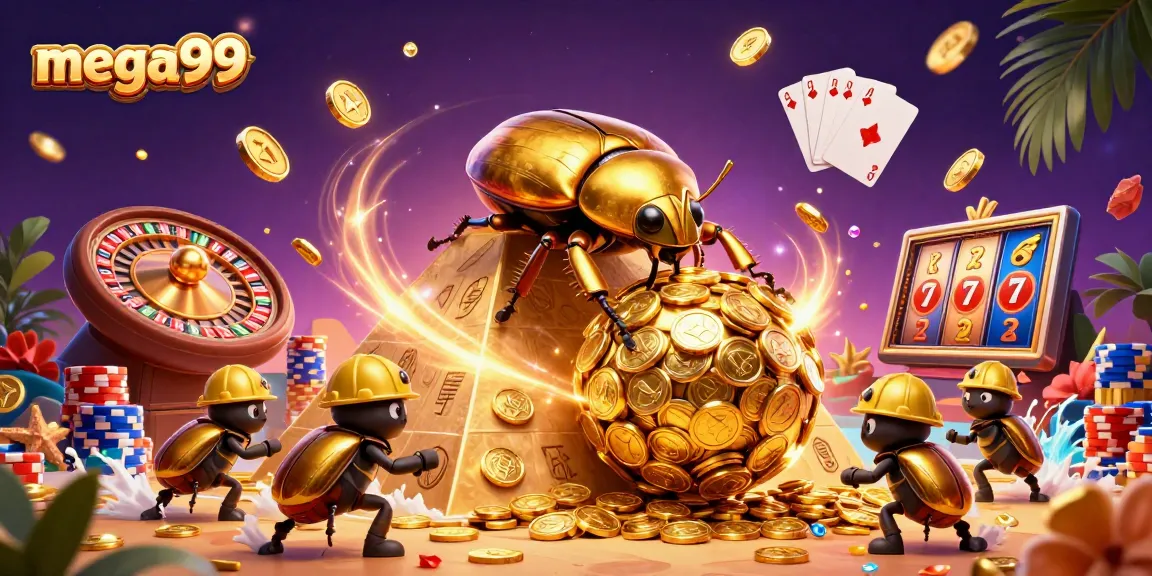 Experience the excitement of mega99 with this vibrant scene featuring golden beetles and jackpot symbols.