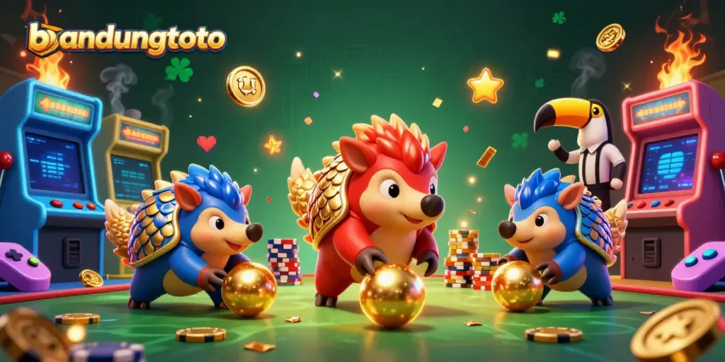 Experience exciting moments with bandungtoto as rival pangolins bowl through poker chips in a vibrant 3D casino scene.