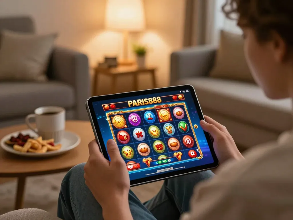 Engaging player immersing in Paris888's online slot games with vibrant graphics displayed.