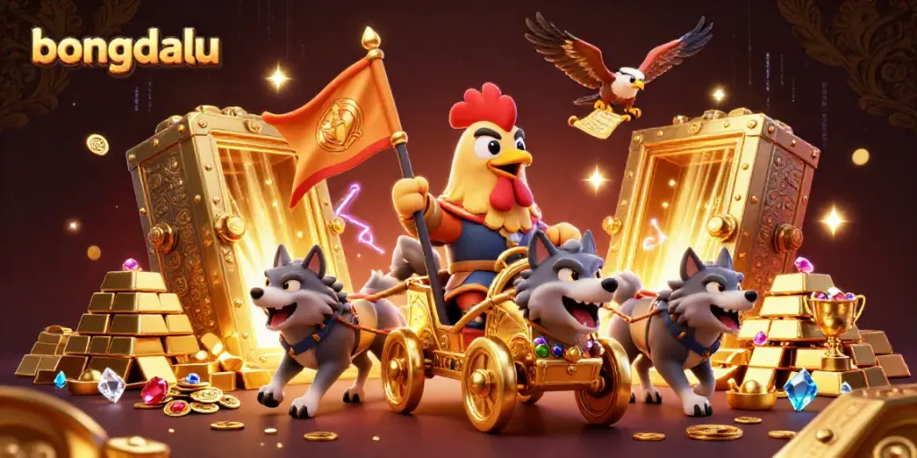 Bongdalu's exciting themed illustration showing a rooster warlord leading a treasure-filled adventure in a vibrant casino world.