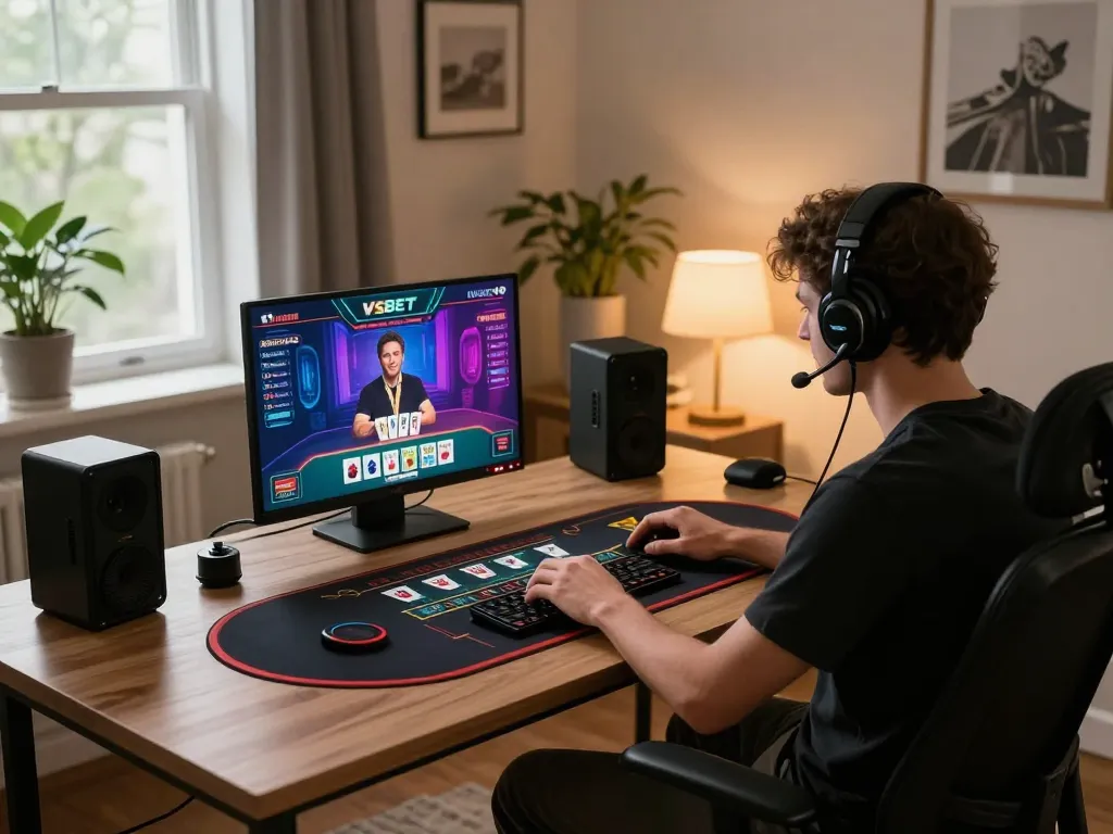 Player engaging with VSBET live dealer game at a stylish home setup, focused on the immersive experience