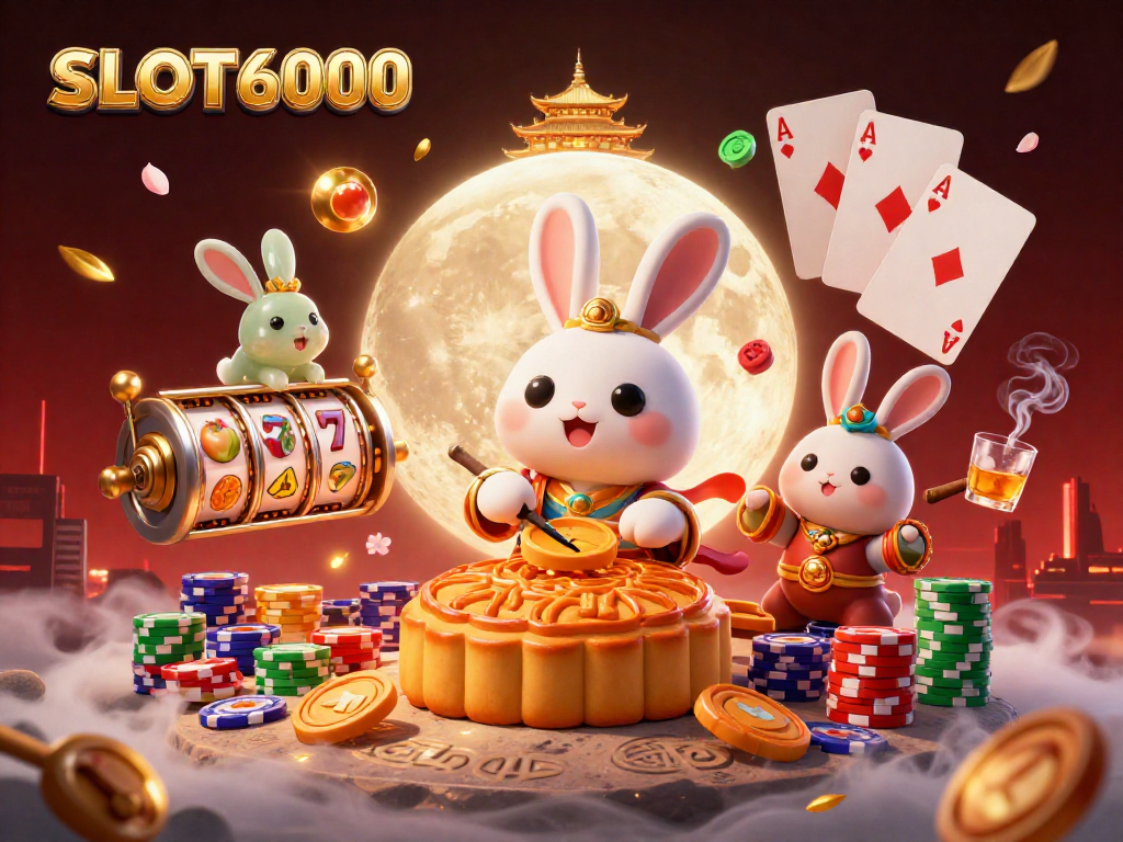 Experience thrilling gameplay with SLOT6000 as a moon rabbit and poker elements creatively illustrate the excitement.