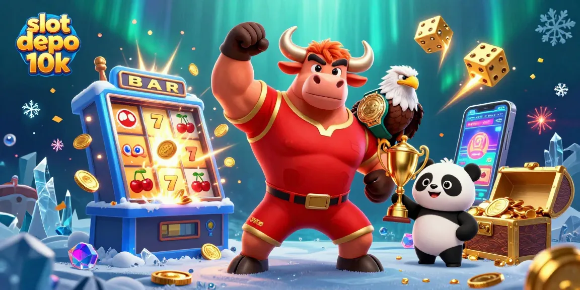 Memenangkan permainan slot depo 10k yang menggembirakan saat mesin slot meledak dengan koin jackpot dan karakter menarik.