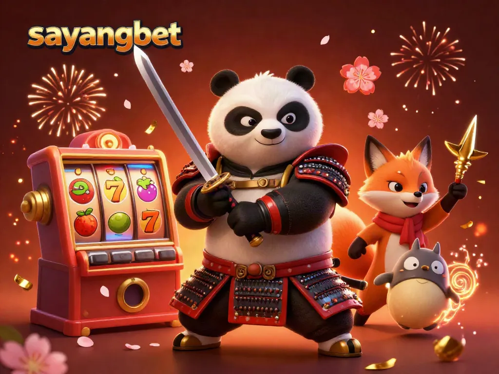 Engage with sayangbet's thrilling gameplay with a vivid 3D cartoon scene featuring a samurai panda and ninja fox.