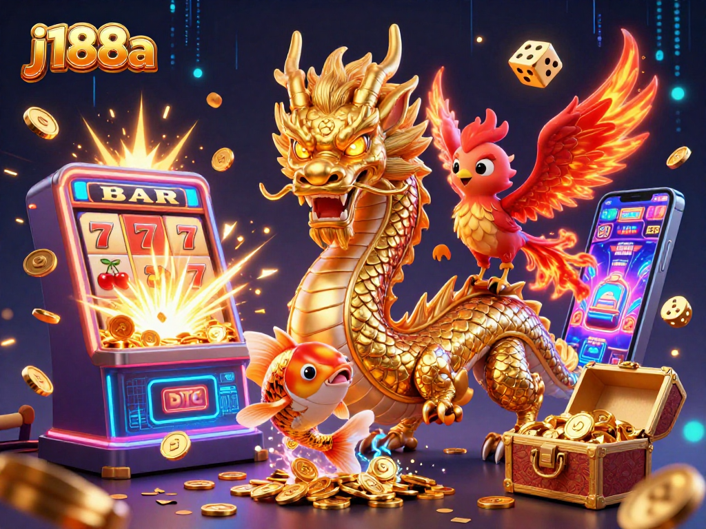 Engage with j188a’s vibrant casino action featuring a golden dragon, phoenix, and koi fish.