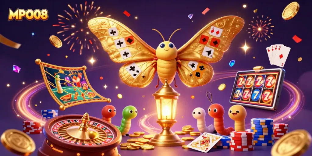 Experience the thrill of MPO08 with dynamic casino elements and vibrant gold accents.