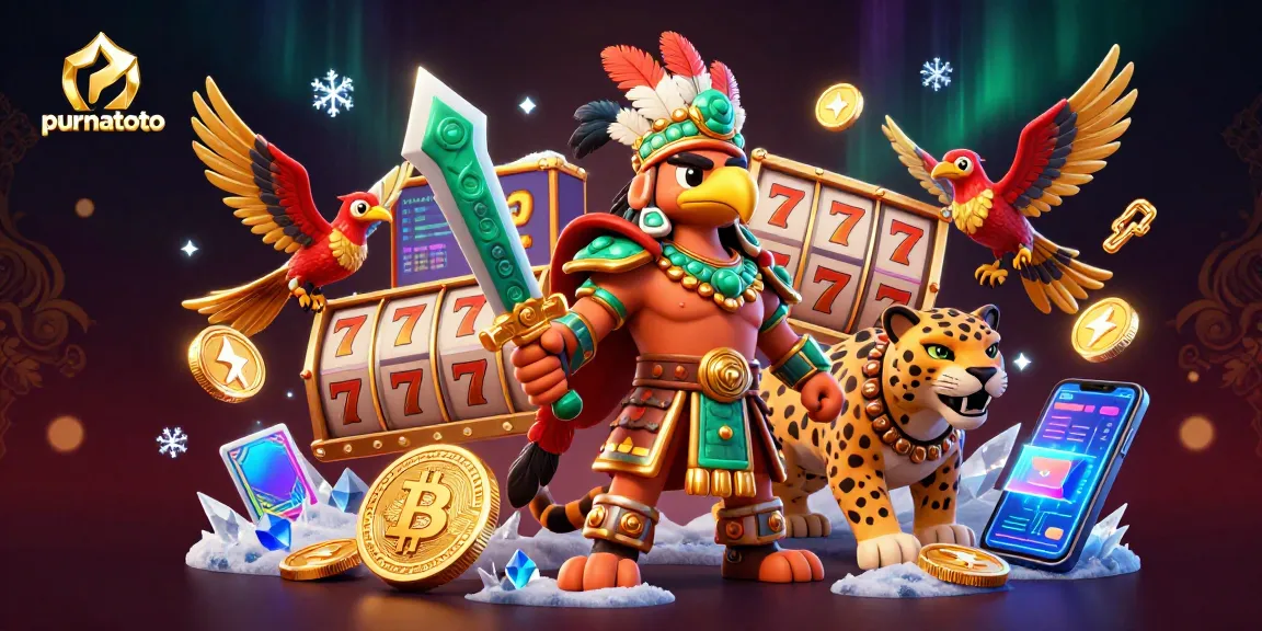 Purnatoto menampilkan aksi seru di mesin slot bertema Aztec dengan pahlawan dan jaguar.