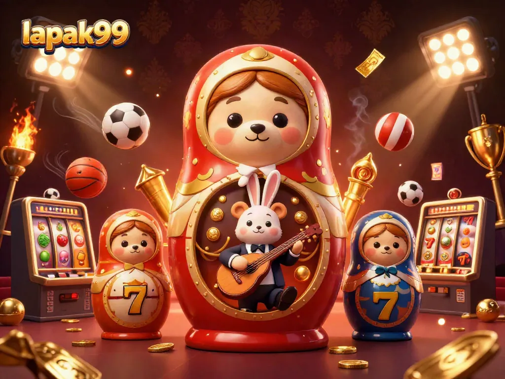 Join the fun at lapak99 with this vibrant 3D casino scene featuring dynamic game elements and festive characters.