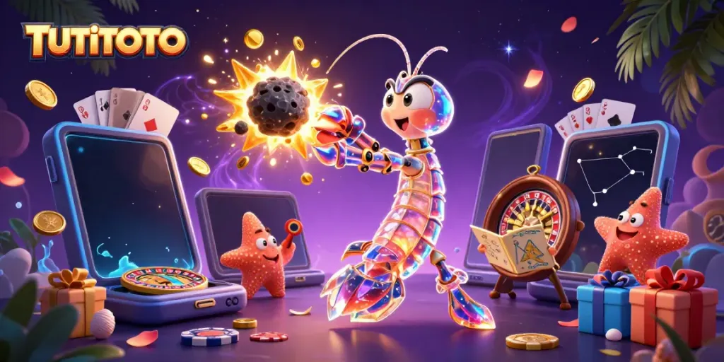 TUTITOTO showcases an immersive 3D casino adventure with a galactic mantis shrimp, exploding gems, and vibrant game elements.