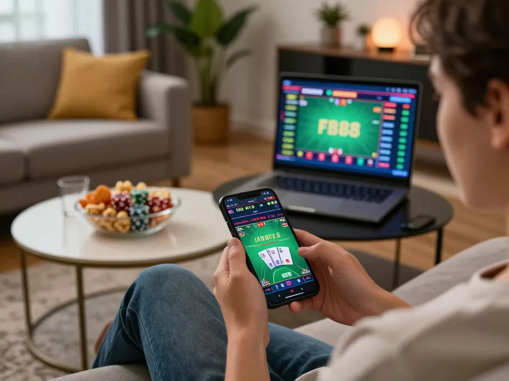 FB88 mobile betting experience with a player engaging in a live dealer game on a smartphone in a cozy setting.