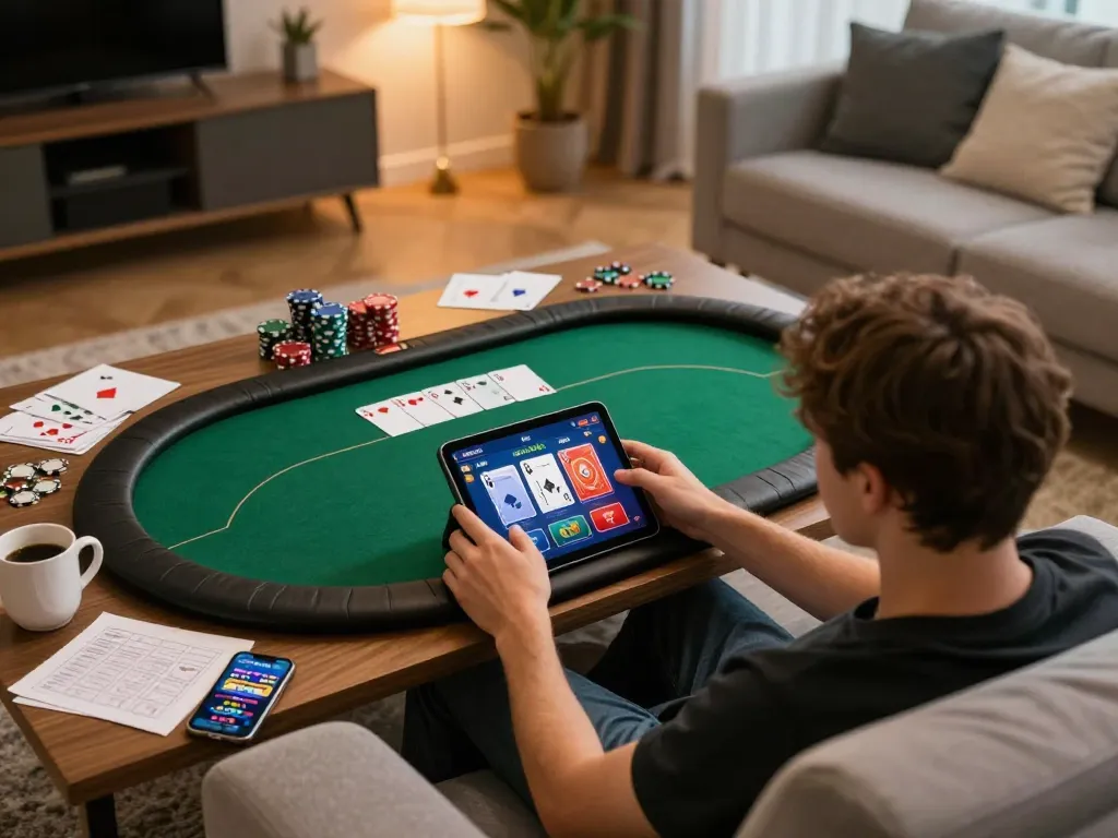 Playing poker on a tablet during a cozy home gaming session at luckywinz dev