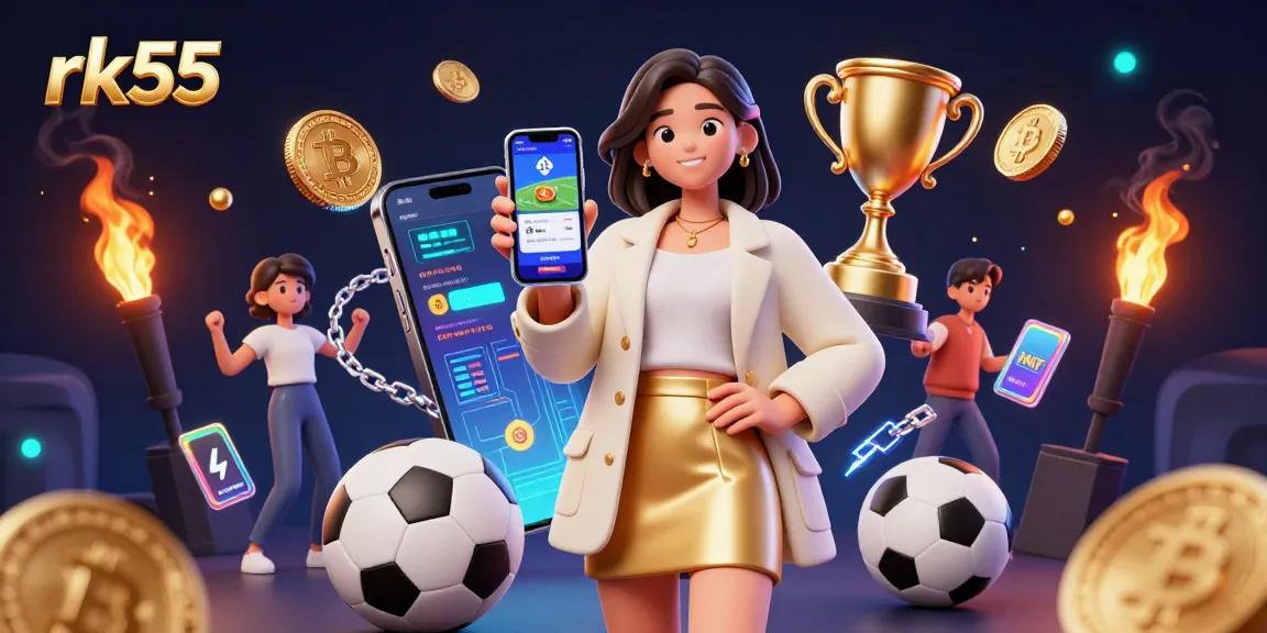 Join rk55 for exciting sports betting with an Asian woman holding a smartphone in a vibrant casino setting.