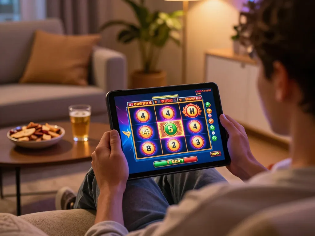 Engaged player enjoying slot games on Okeslot while relaxing at home with snacks and drinks.