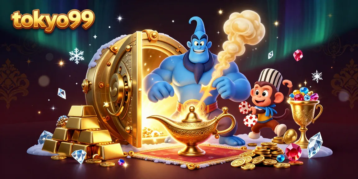 Hiasan estetis dari tokyo99 dengan karakter genie, emas, dan permata untuk bermain.