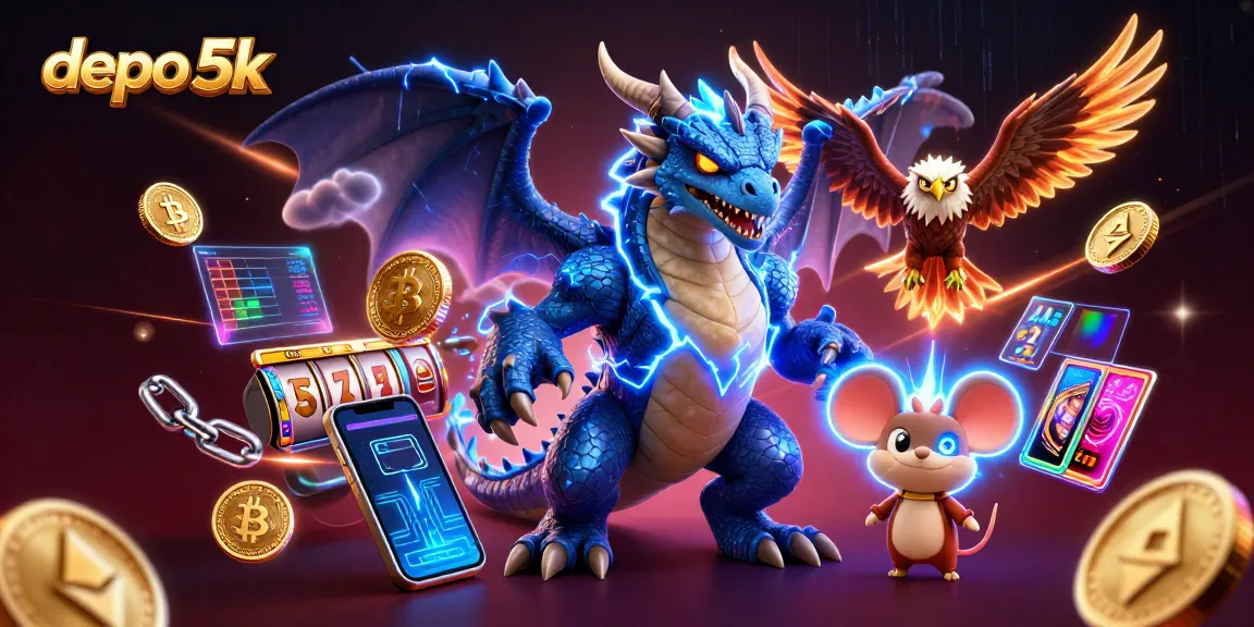 Engage with depo 5k slot gaming experience featuring cartoon dragon and hawk amidst vibrant casino elements.