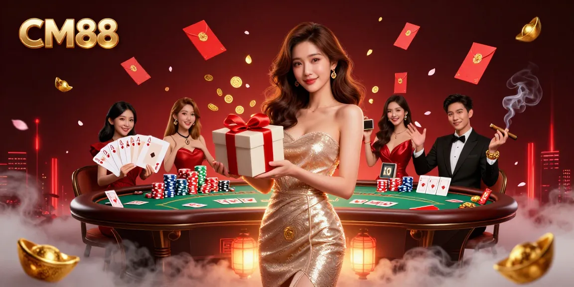 Bet on exciting winnings with CM88, showcasing a glamorous casino scene filled with festive elements.