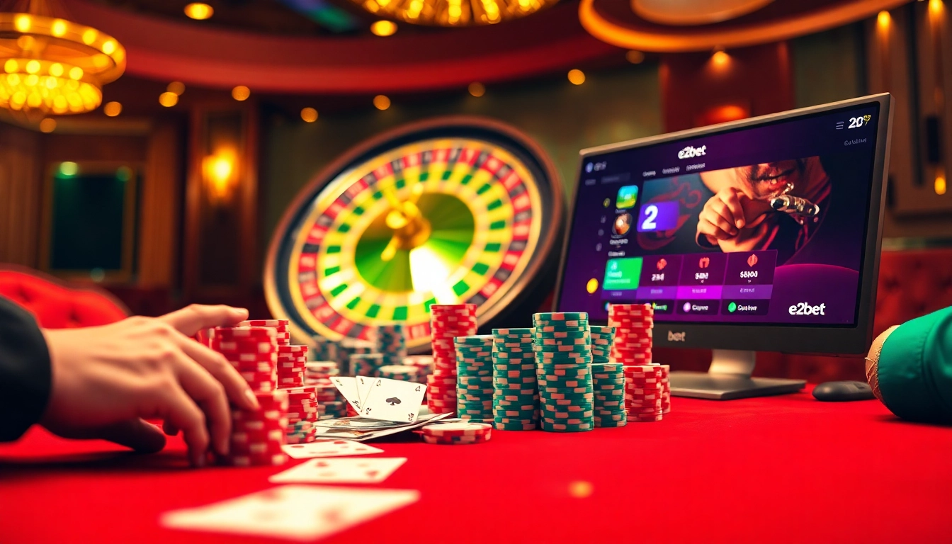 E2bet poker chips stack at a vibrant casino table, showcasing online gambling excitement.