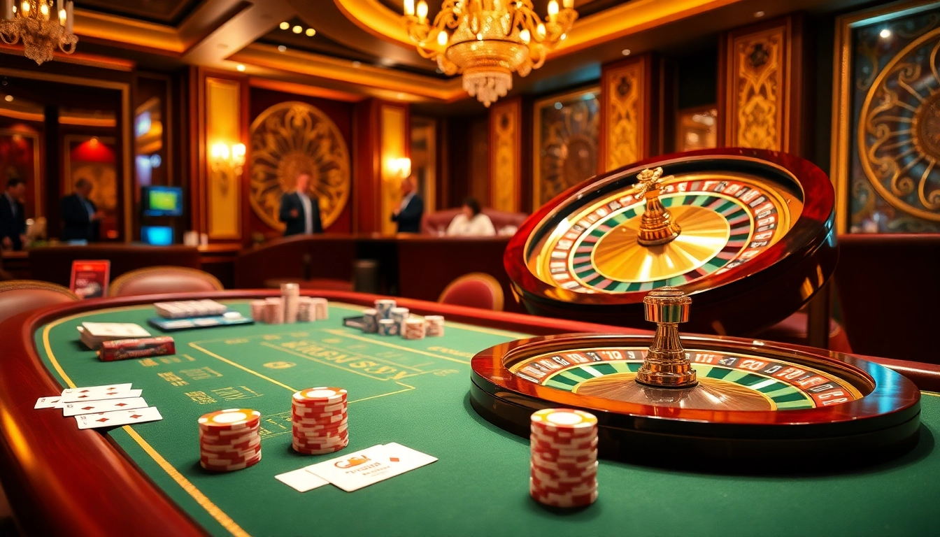 Experience the excitement of tt88 with a vibrant casino scene featuring elegant poker tables and roulette wheels.