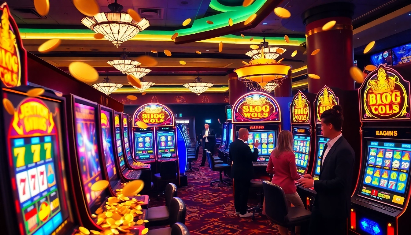 Players celebrating big wins at vibrant slot gacor machines in a luxurious casino environment.