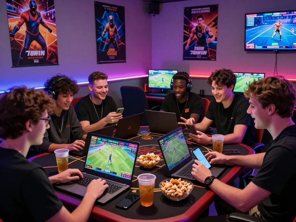 Engaged group of friends enjoying online betting at https://78winbs.com/ with laptops and vibrant game graphics.