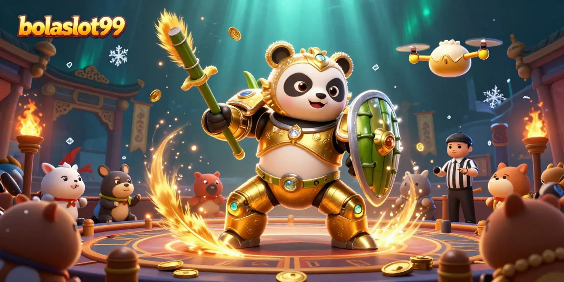 Engage with bolaslot99's animated scene of a mech-suit panda in a vibrant casino showdown.