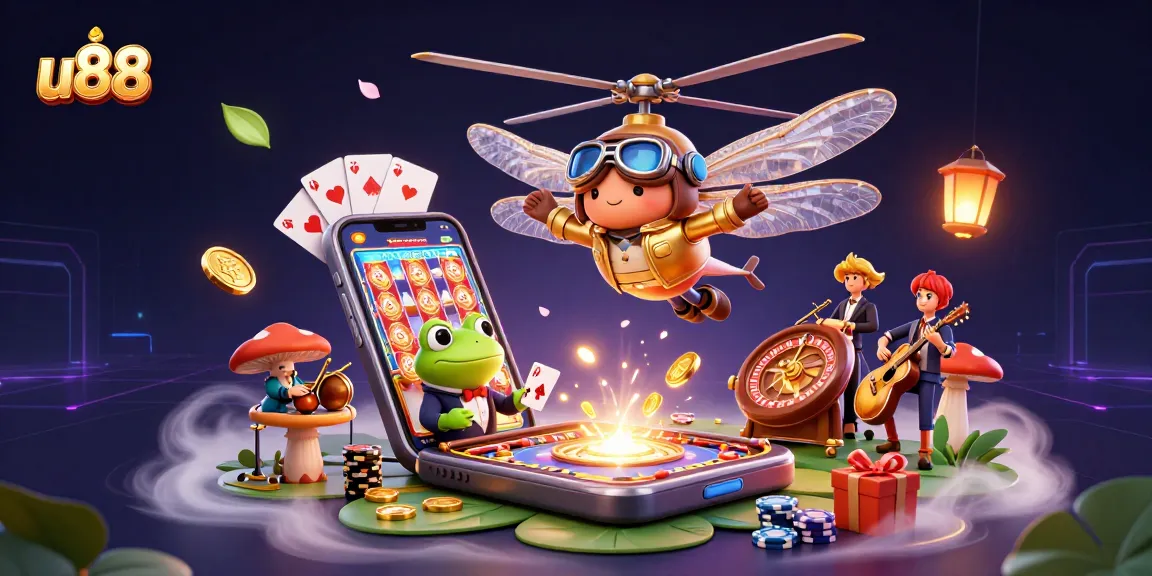 Win exciting prizes at u88 through a dynamic casino scene featuring vibrant characters and game elements.