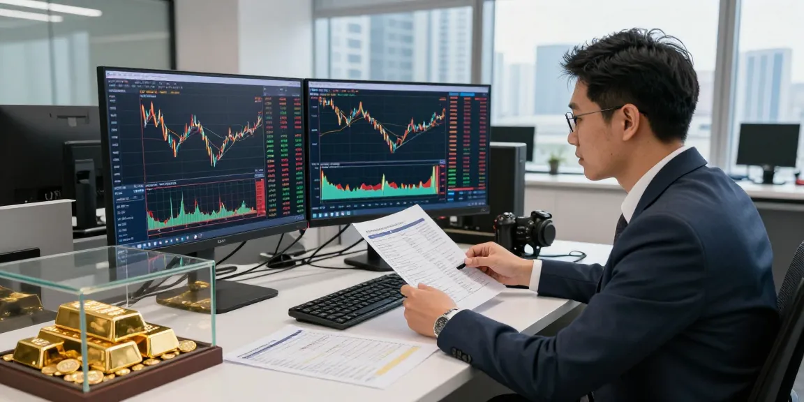 Proses perdagangan emas di kantor modern dengan grafik uangemas99 yang berfluktuasi.