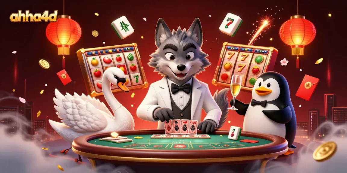Experience the excitement with ahha4d in a vibrant casino scene featuring a wolf, swan, and penguin.