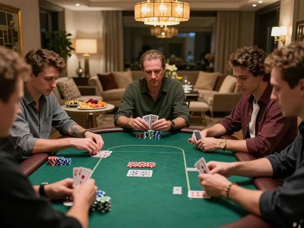 S88 players strategically betting at a private poker game, showing colorful chips and focused expressions.