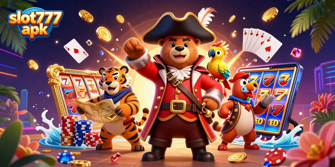 Experience vibrant gaming action with slot777 apk and dynamic 3D characters in a lavish casino scene.