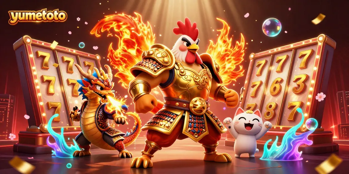 Spin reels for big wins at yumetoto with a dynamic scene of a fighting rooster and dragon.
