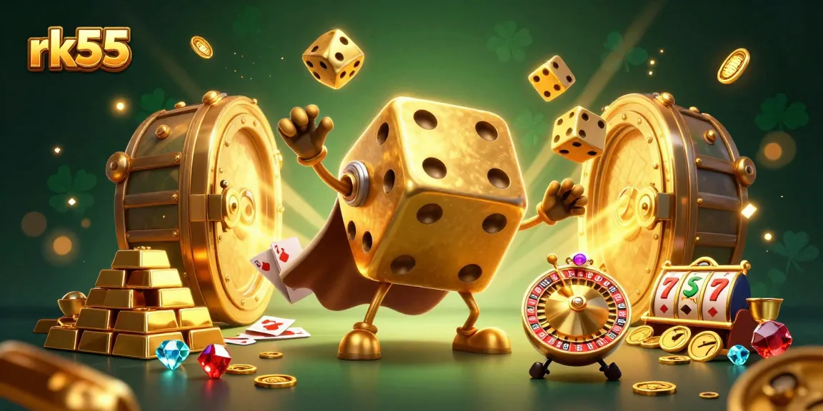 Experience thrilling gameplay with rk55 as a golden dice golem juggles wealth in this vibrant casino illustration.