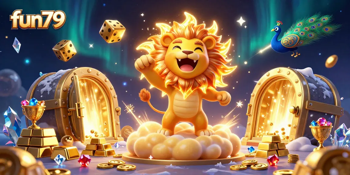 Experience the excitement of fun79 with a dynamic 3D casino scene filled with treasures and vibrant characters.