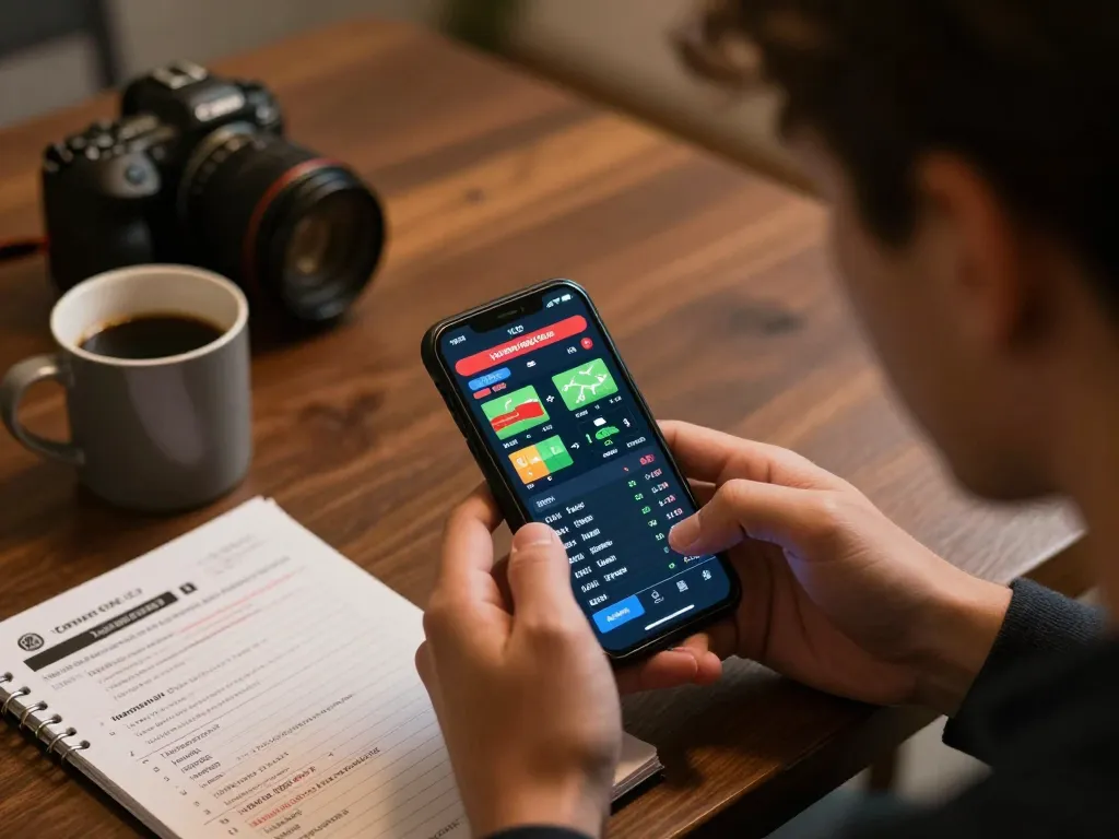 Engaged gambler analyzing odds on Jun88 mobile app during a cozy home betting session