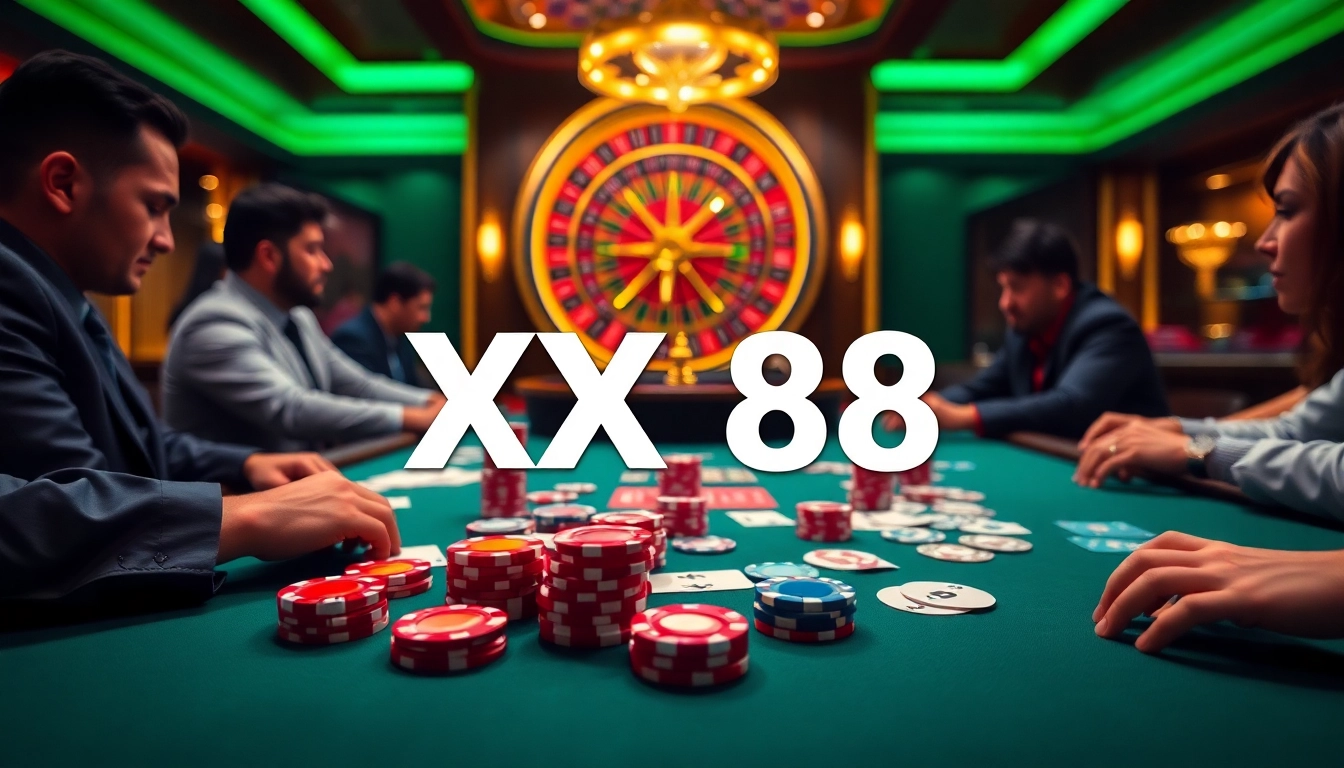 Players strategizing at a poker table in a luxurious casino featuring XX88 branding.
