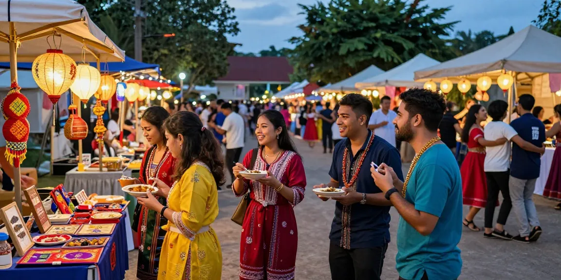 Momen festival budaya IMBAJP dengan keramaian teman-teman menikmati makanan tradisional dan kerajinan tangan lokal.