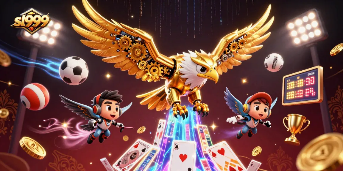 Experience thrilling action with sl999 as a cybernetic eagle dives through holographic cards and sports elements.