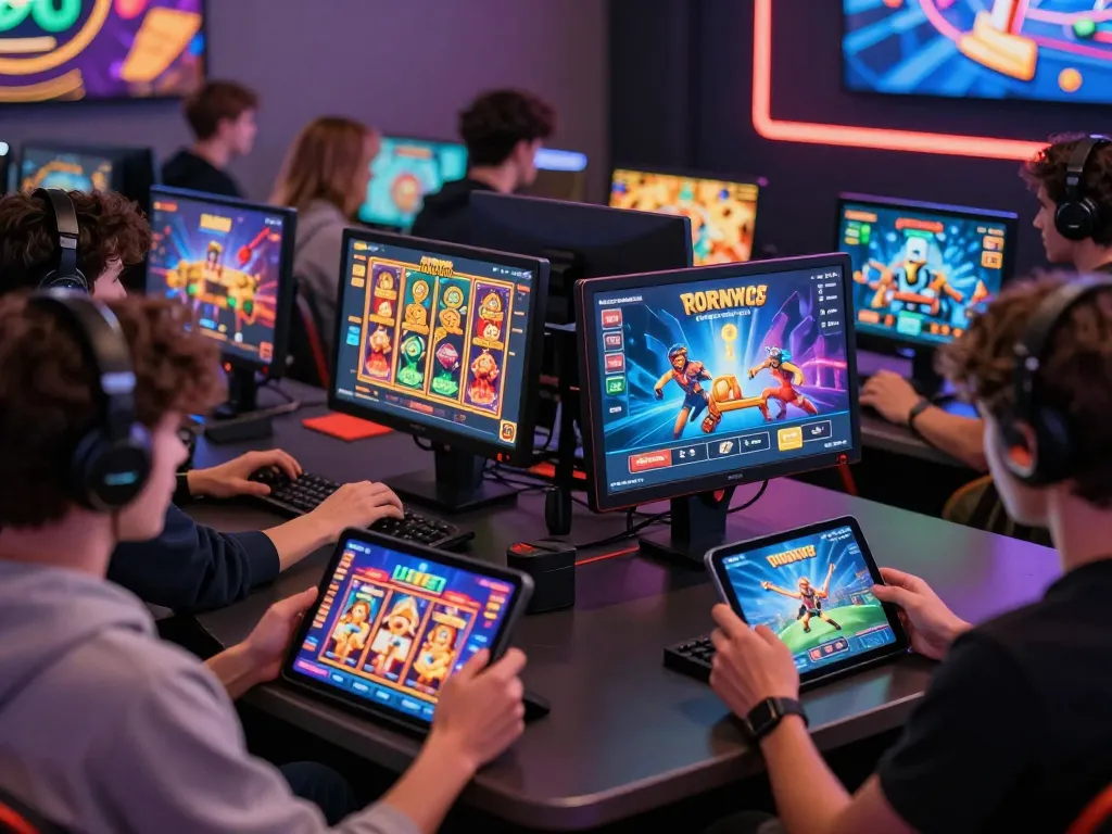 Engaged players at https://hit-club.me/ enjoying various online games in a vibrant environment with colorful graphics.