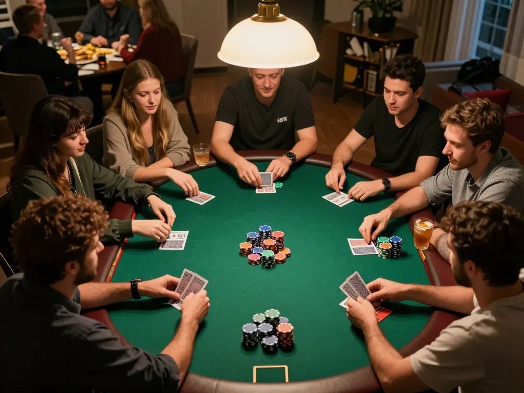 Players engage in an exciting poker game at home, showcasing camaraderie and strategy at 79 club.