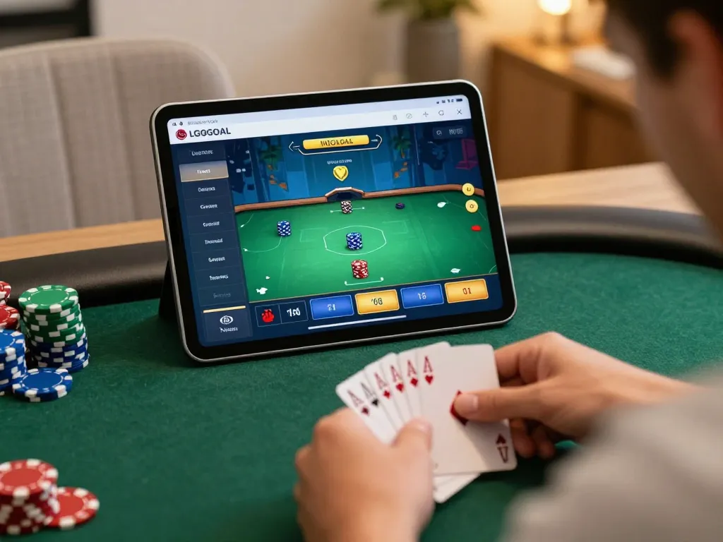 Player strategizing in LGOGOAL online poker game on a tablet in cozy home